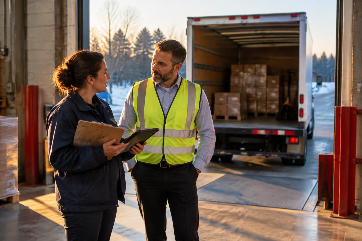 A My Routes Connection coordinator and a business operations manager talking at a loading dock