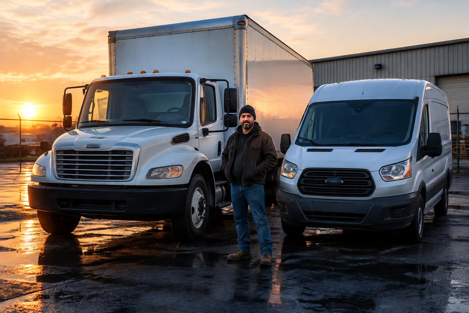 An owner operator standing beside his own box truck and cargo van in a depot yard at sunrise